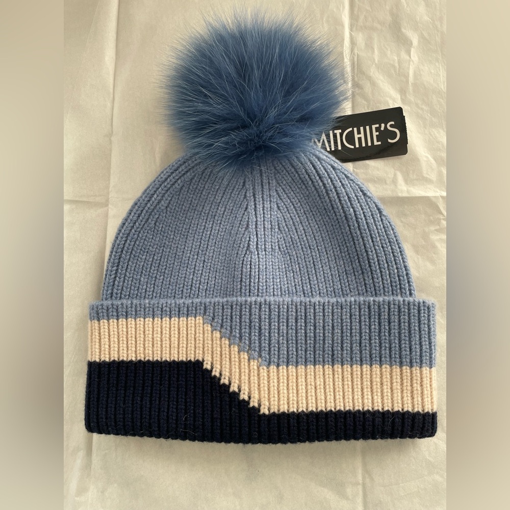 Mitchie’s Cashmere Blend 3-Tone Light Blue Navy
Beanie Hat Fox Pom Pom BRAND NEW